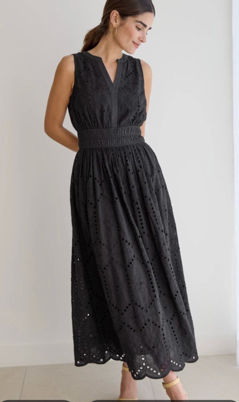 J. McLaughlin Yuri Eyelet Dress L Black Embroidered Cotton Midi Resort